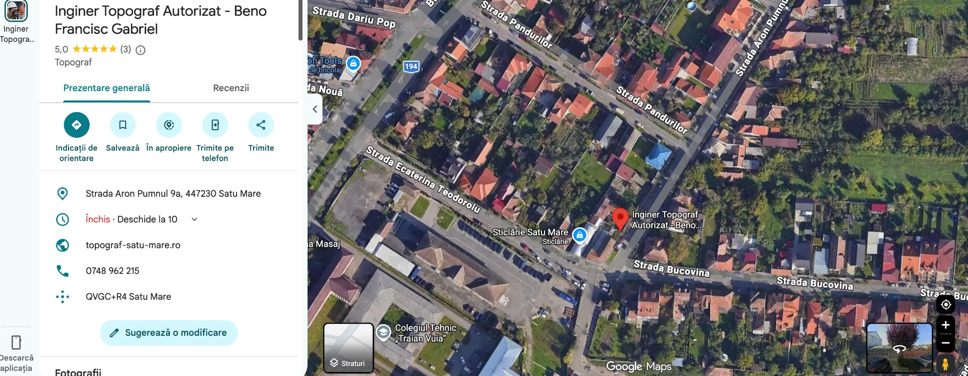 Captură profil Google Maps - Inginer Topograf Autorizat Beno Francisc Gabriel, str. Aron Pumnul 9A, Satu Mare